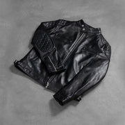 
Styled Fit Perspective of Men's Gatsby Quilted Black Leather Biker Jacket on Model - Natural Daylight Drape