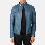 
Men's Gatsby Quilted Blue Leather Biker Jacket in Blue Sheepskin Leather - Front Profile View & Tailored Silhouette | Buy Online