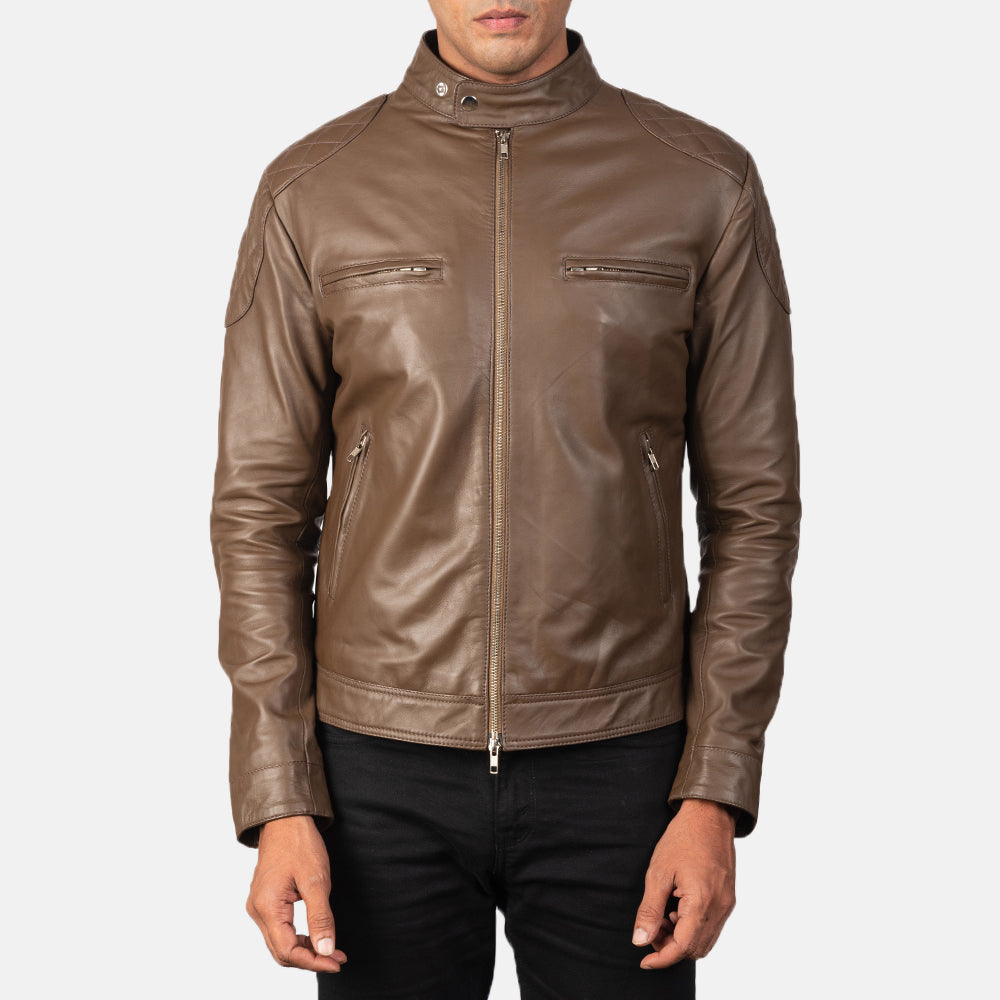 
Close-Up Detail of Band with snap buttons & Zipper Hardware on Gatsby Mocha Leather Biker Jacket