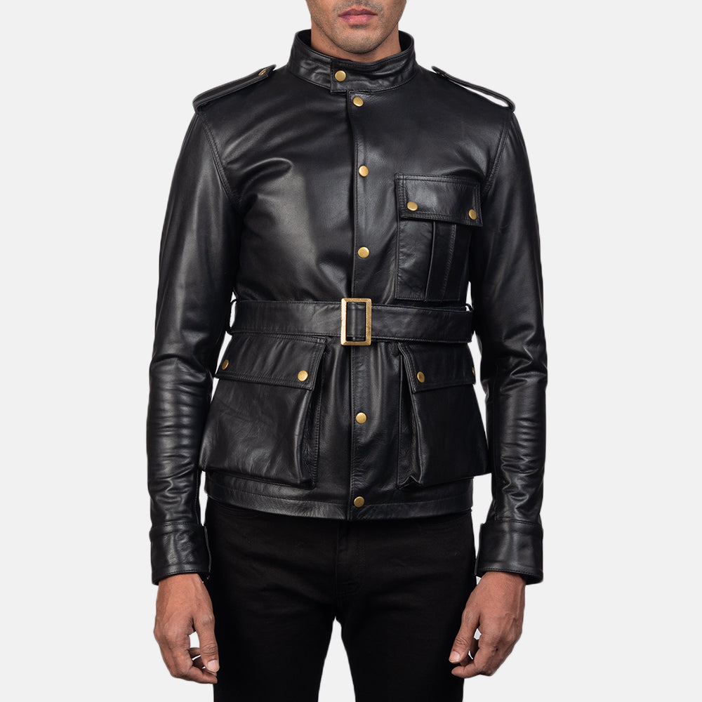 
Germain Black Leather Jacket in Black Cowhide Leather - Front Profile View & Tailored Silhouette | Buy Online