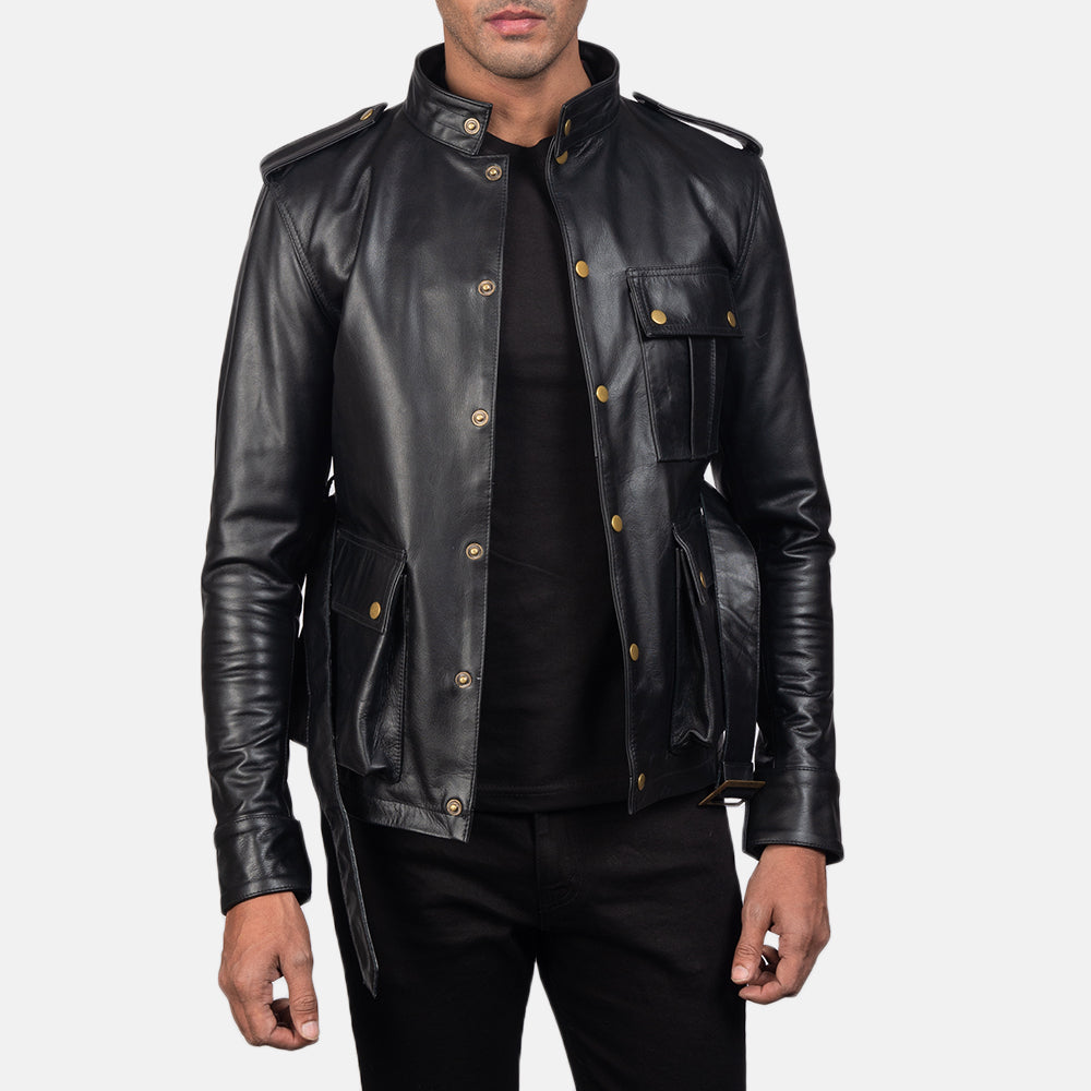 
Germain Black Leather Jacket - Lateral Side Profile View Showing Sleeve Cut & Athletic Taper Fit