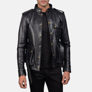 
Germain Black Leather Jacket - Lateral Side Profile View Showing Sleeve Cut & Athletic Taper Fit