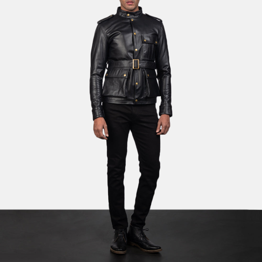 
Close-Up Detail of Band with snap button & Snap Button Hardware on Germain Black Leather Jacket