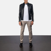 
Hank Black Leather Biker Jacket - Lateral Side Profile View Showing Sleeve Cut & Athletic Taper Fit