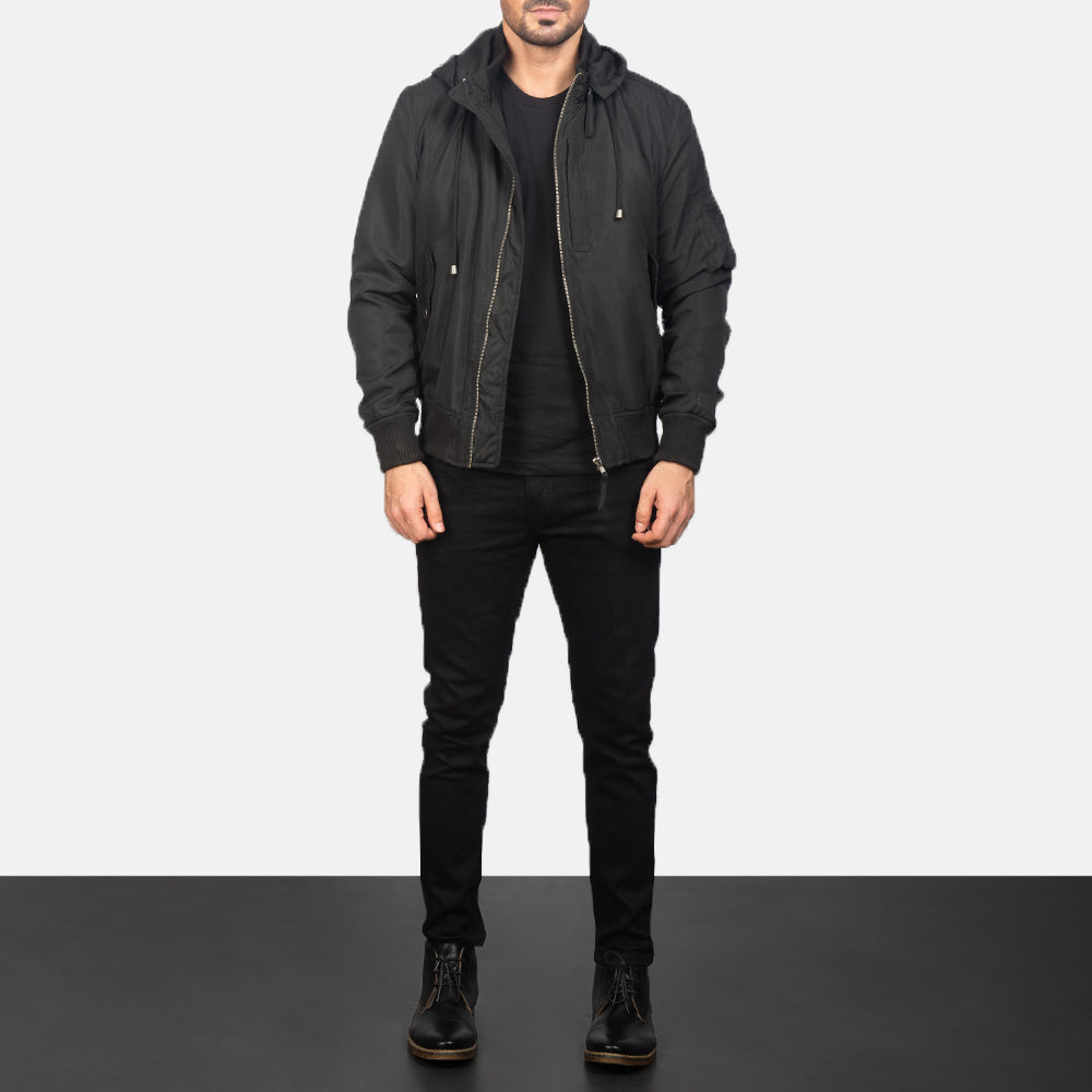 
Men's Hanklin Ma-1 Black Hooded Bomber Jacket - Lateral Side Profile View Showing Sleeve Cut & Athletic Taper Fit