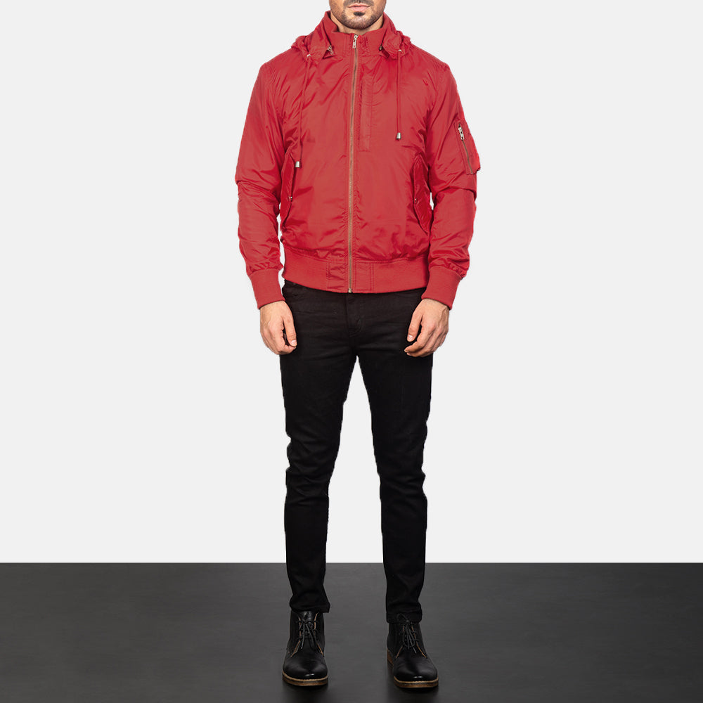 
Men's Hanklin Ma-1 Red Hooded Bomber Jacket - Lateral Side Profile View Showing Sleeve Cut & Athletic Taper Fit