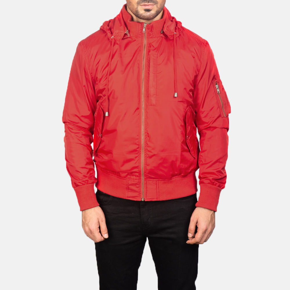 
Close-Up Detail of Knit Rib with Removable Nylon Hood & Zipper Hardware on Men's Hanklin Ma-1 Red Hooded Bomber Jacket