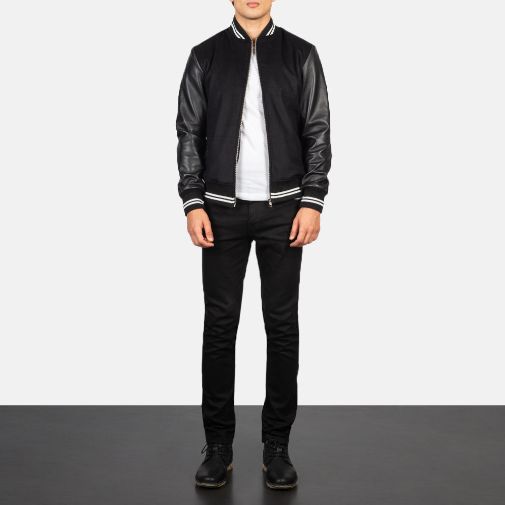 
Close-Up Detail of Knit Rib & zipper Hardware on Harrison Black Hybrid Varsity Jacket