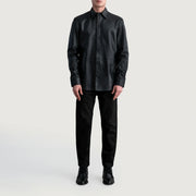 
Close-Up Detail of Shirt & Leather Buttons Hardware on Haven Black Leather Shirt