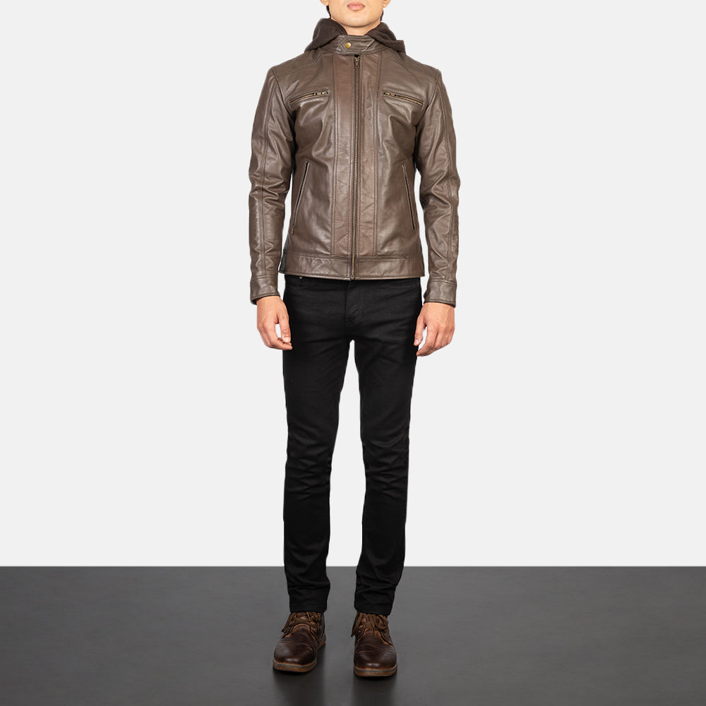 
Men's Hector Brown Hooded Leather Biker Jacket - Lateral Side Profile View Showing Sleeve Cut & Athletic Taper Fit