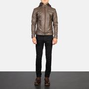 
Men's Hector Brown Hooded Leather Biker Jacket - Lateral Side Profile View Showing Sleeve Cut & Athletic Taper Fit