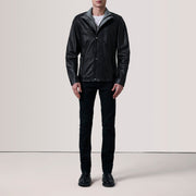 
Grey Goatskin Suede Biker Jacket - Back View Showing Tailored Shoulder Fit & Clean Hemline