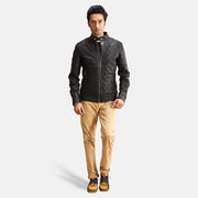 
Henry Quilted Black Leather Jacket - Lateral Side Profile View Showing Sleeve Cut & Athletic Taper Fit