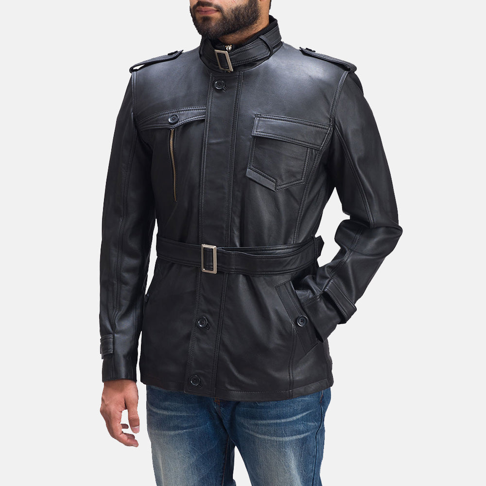 
Hunter Black Leather Jacket - Lateral Side Profile View Showing Sleeve Cut & Athletic Taper Fit