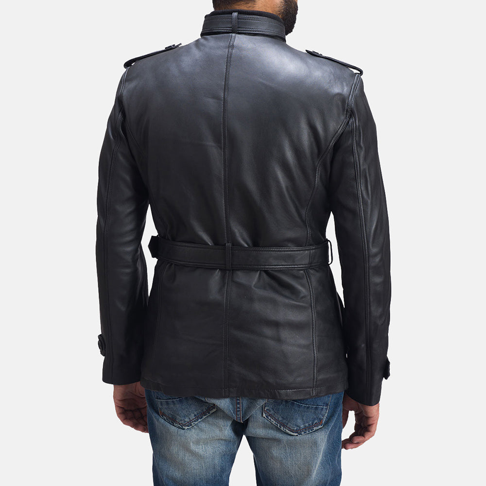 
Close-Up Detail of Band with buckle closure & Zipper with button flap and waist belt Hardware on Hunter Black Leather Jacket