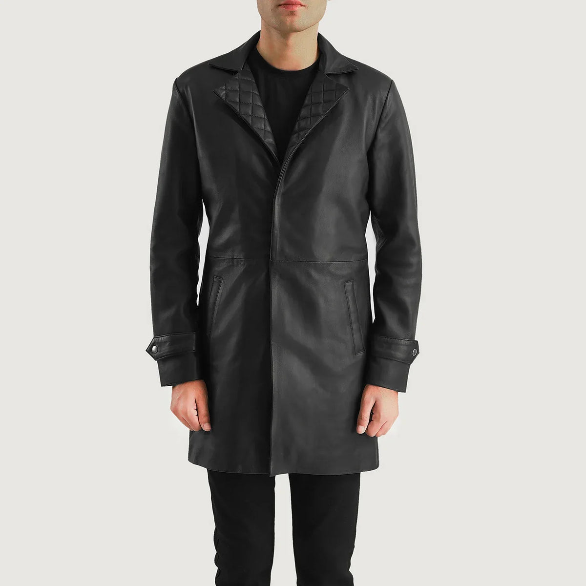 
Infinity Black Leather Coat in Black Sheepskin Leather - Front Profile View & Tailored Silhouette | Buy Online