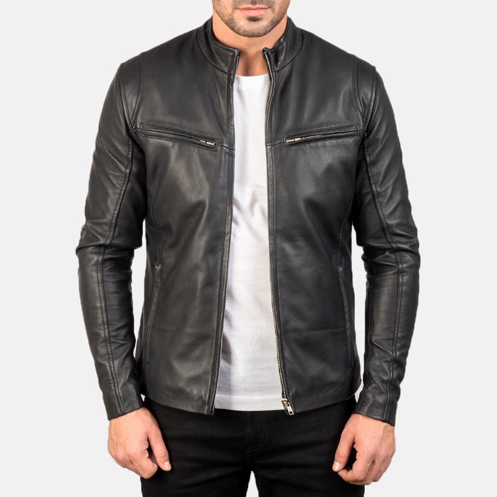 
Men's Ionic Black Leather Jacket in Black Sheepskin Leather - Front Profile View & Tailored Silhouette | Buy Online