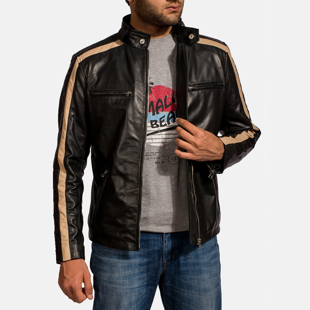 
Men's Jack Black Leather Biker Jacket - Lateral Side Profile View Showing Sleeve Cut & Athletic Taper Fit
