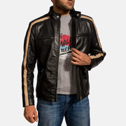 
Men's Jack Black Leather Biker Jacket - Lateral Side Profile View Showing Sleeve Cut & Athletic Taper Fit