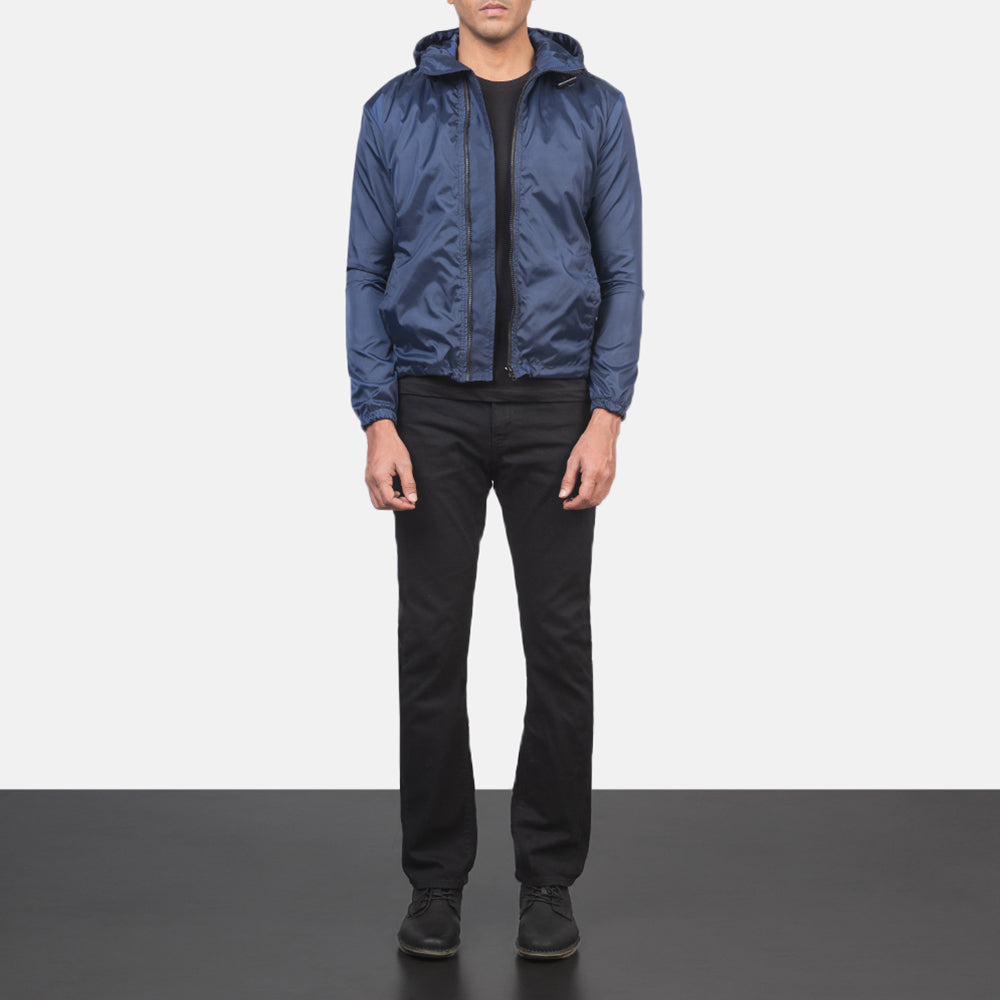 Men's Jimmy Blue Hooded Windbreaker Jacket - Lateral Side Profile View Showing Sleeve Cut & Athletic Taper Fit