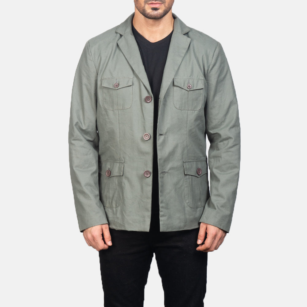 
Kajetan Grey Safari Jacket in Grey Poly-Cotton - Front Profile View & Tailored Silhouette | Buy Online