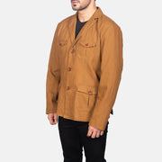 
Khaki Poly-Cotton Leather Blazer - Back View Showing Tailored Shoulder Fit & Clean Hemline
