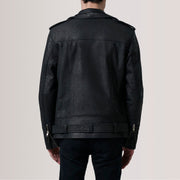 
Close-Up Detail of Notch & Zipper & Waist Straps Hardware on Kole Distressed Black Leather Double Rider Jacket