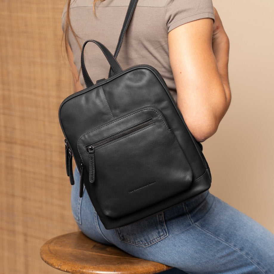 
Classic 100% Full-Grain leather Backpack - Rear Perspective Showing Reinforced Leather Straps & Stitching