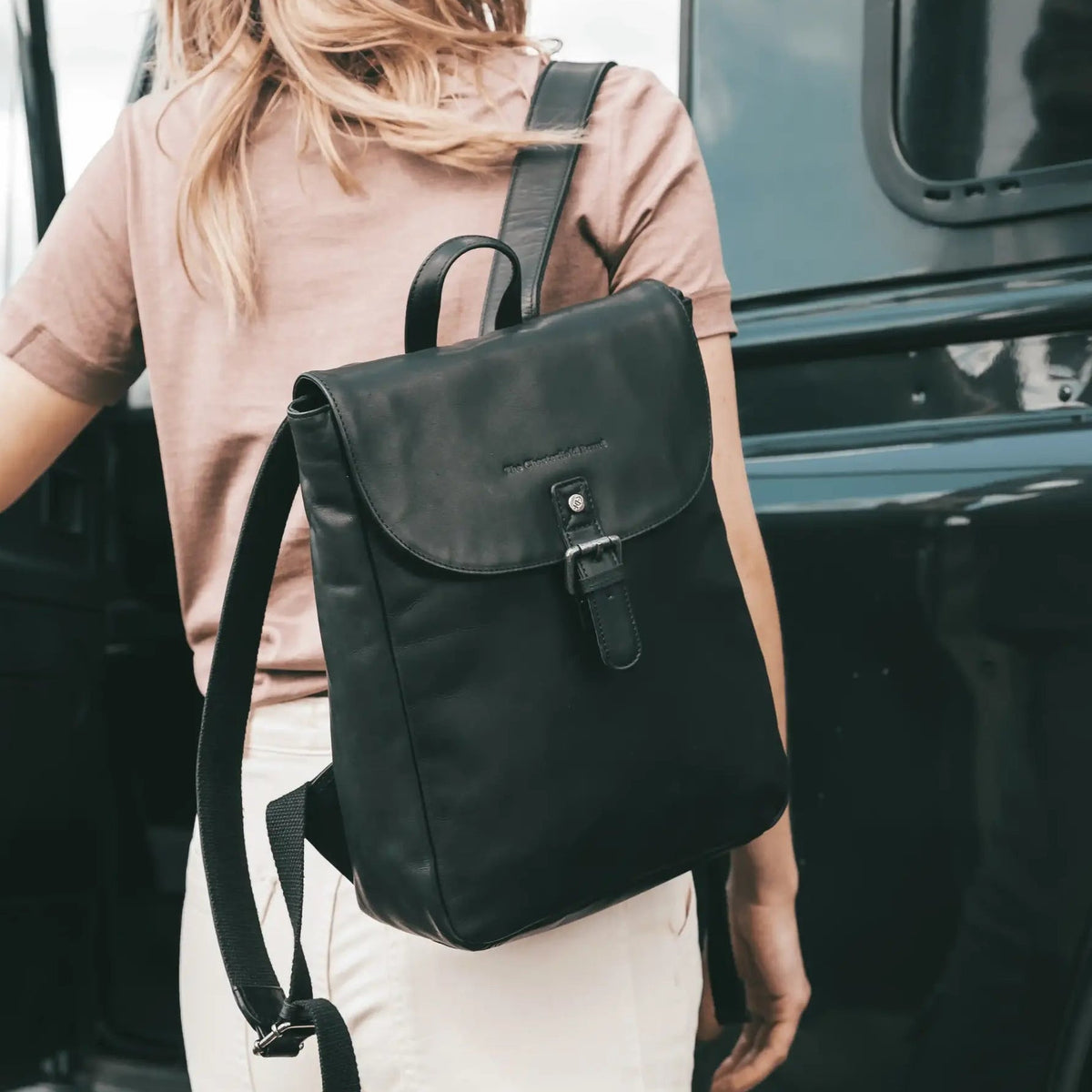 
Classic 100% Full-Grain leather Backpack - Rear Perspective Showing Reinforced Leather Straps & Stitching