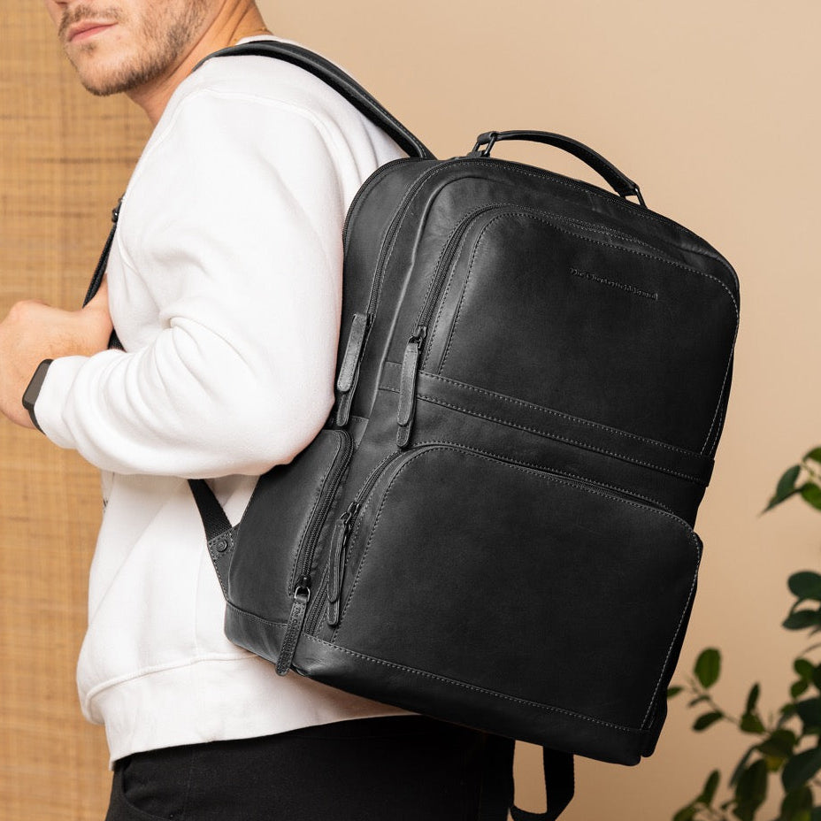 
Classic 100% Full-Grain leather Backpack - Rear Perspective Showing Reinforced Leather Straps & Stitching