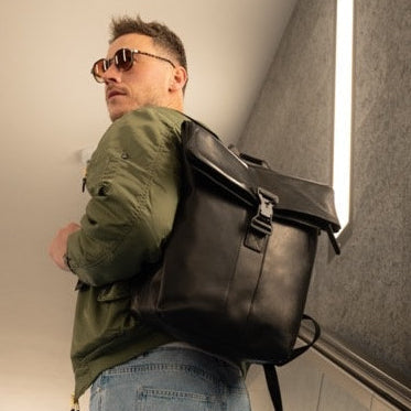 
Classic 100% Full-Grain leather Backpack - Rear Perspective Showing Reinforced Leather Straps & Stitching