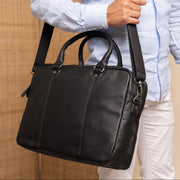 
Classic 100% Full-Grain leather Briefcase - Rear Perspective Showing Reinforced Leather Straps & Stitching