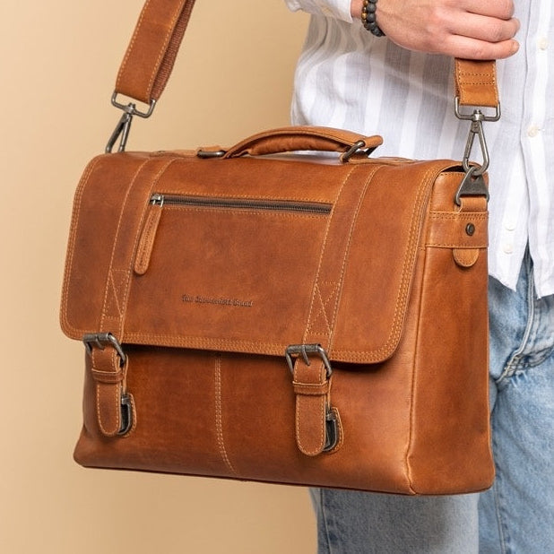 
Classic 100% Full-Grain leather Briefcase - Rear Perspective Showing Reinforced Leather Straps & Stitching