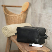 
Stacey Full-Grain Leather Toiletry Bag - Lateral Side Profile View Showing Sleeve Cut & Athletic Taper Fit