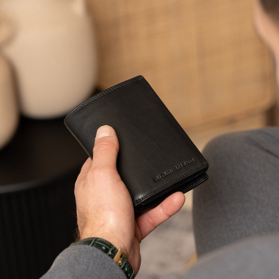 
Classic 100% Full-Grain leather Wallet - Rear Perspective Showing Reinforced Leather Straps & Stitching
