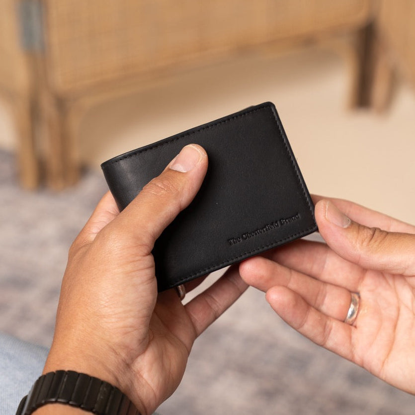 
Classic 100% Full-Grain leather Wallet - Rear Perspective Showing Reinforced Leather Straps & Stitching