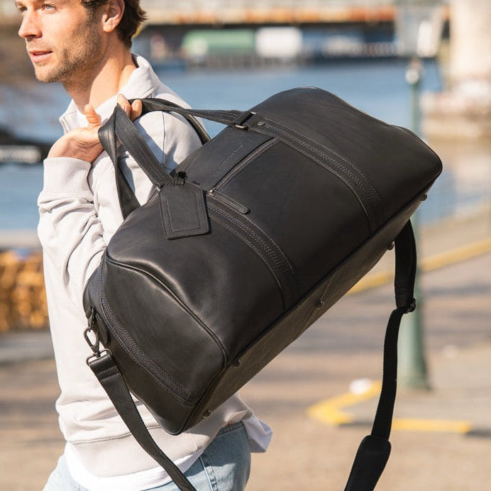 
Classic 100% Full-Grain Leather Duffle Bag - Rear Perspective Showing Reinforced Leather Straps & Stitching