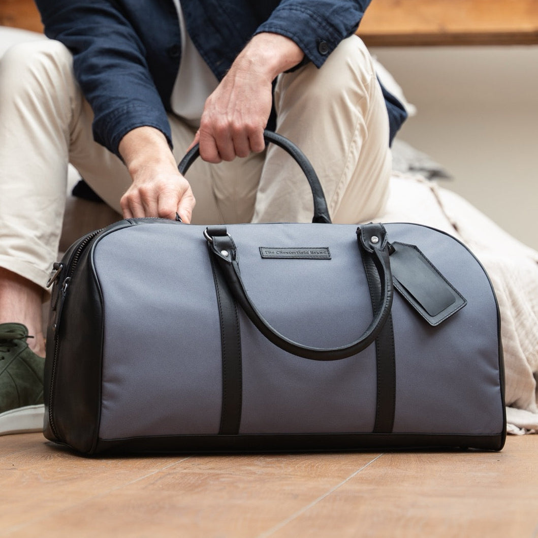 
Classic 100% Full-Grain Leather Duffle Bag - Rear Perspective Showing Reinforced Leather Straps & Stitching