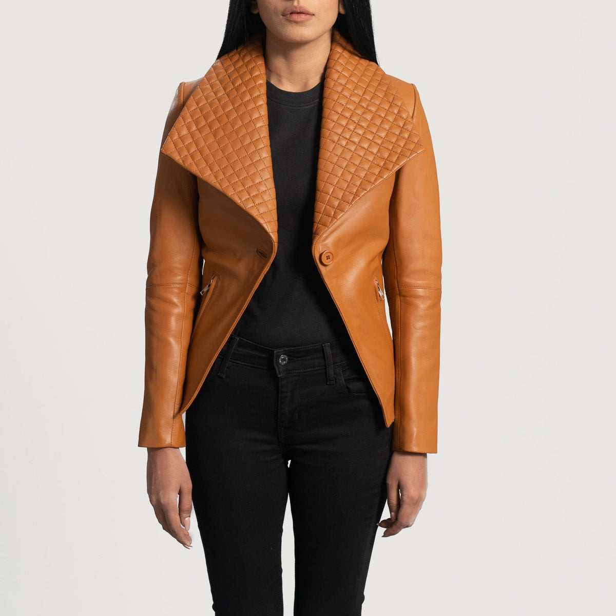 
Women's Lee Tan Brown Leather Blazer - Lateral Side Profile View Showing Sleeve Cut & Athletic Taper Fit