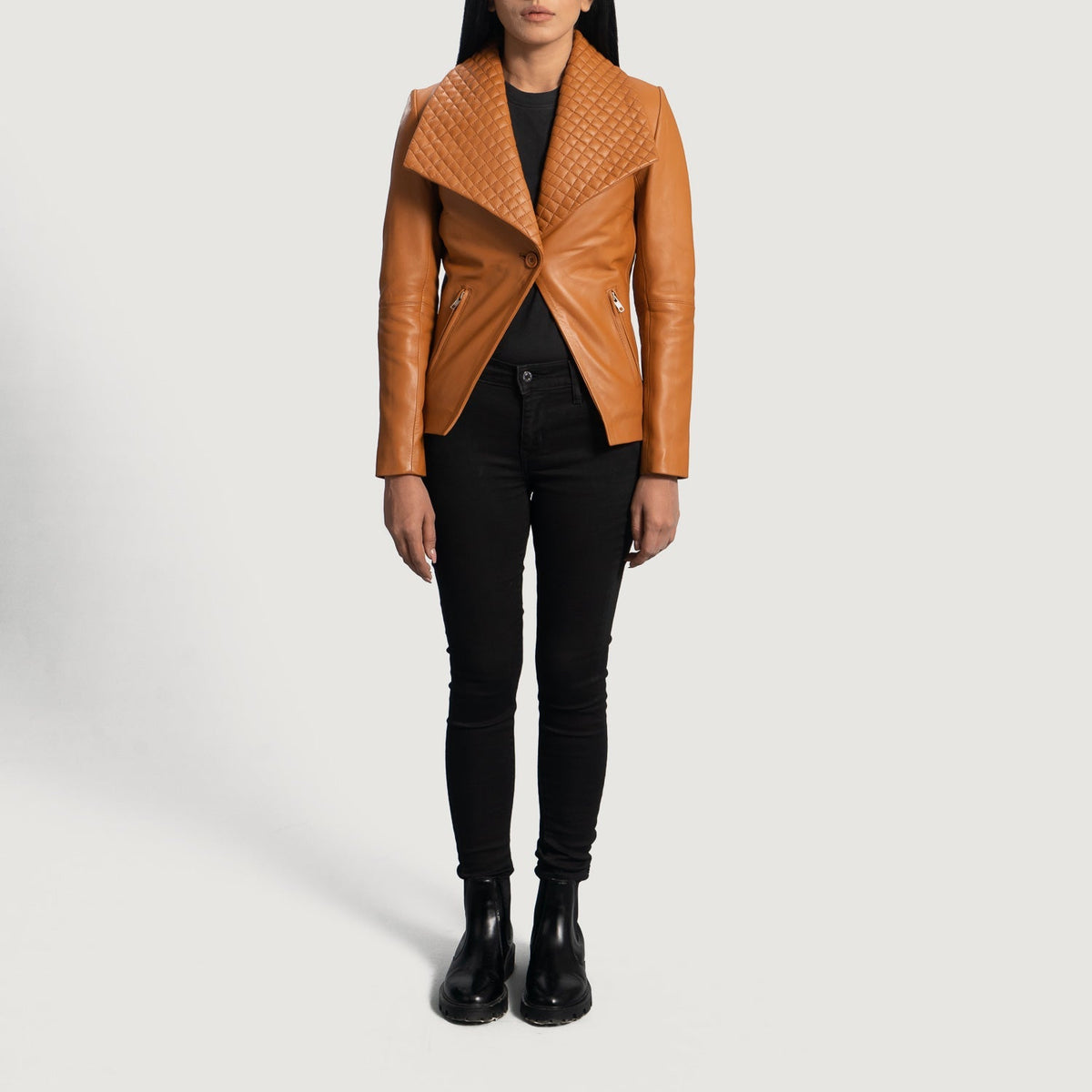 
Close-Up Detail of Notch & Button Hardware on Women's Lee Tan Brown Leather Blazer