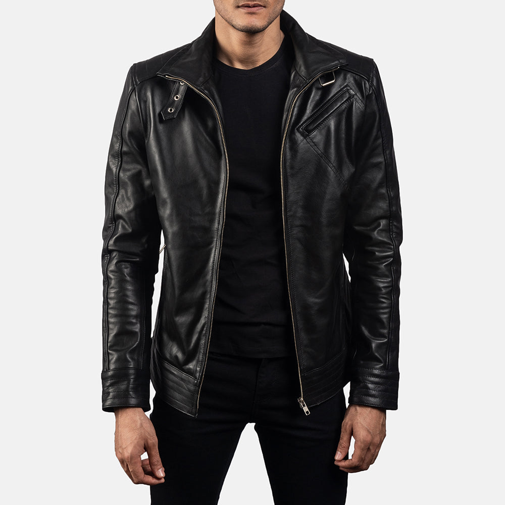 
Men's Legacy Black Leather Biker Jacket in Black Cowhide Leather - Front Profile View & Tailored Silhouette | Buy Online