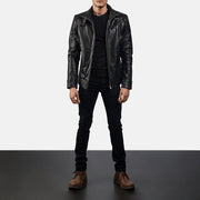 
Men's Legacy Black Leather Biker Jacket - Lateral Side Profile View Showing Sleeve Cut & Athletic Taper Fit