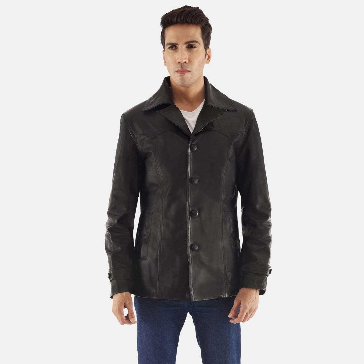 
Leo Black Leather Coat in Black Cowhide Leather - Front Profile View & Tailored Silhouette | Buy Online