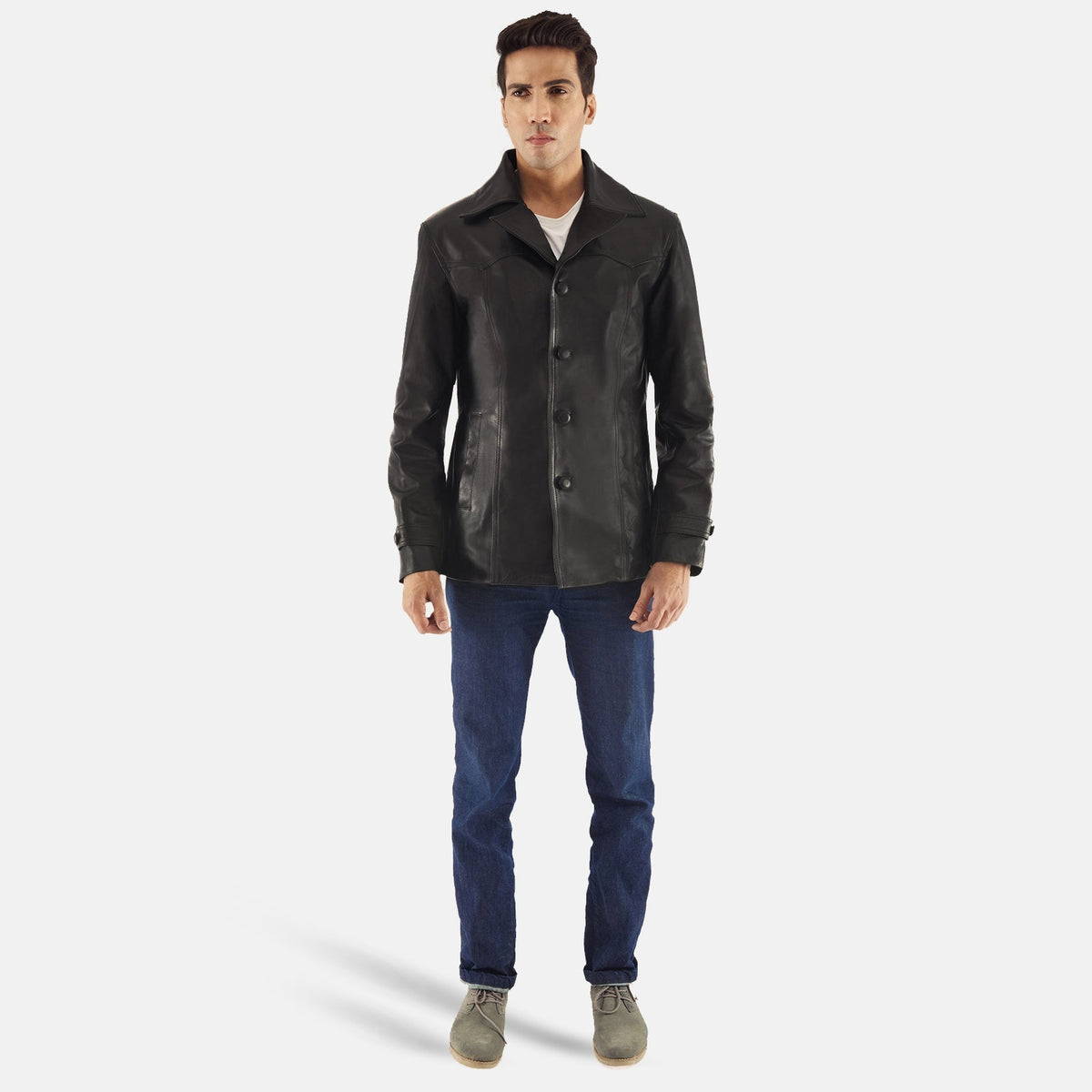 
Leo Black Leather Coat - Lateral Side Profile View Showing Sleeve Cut & Athletic Taper Fit