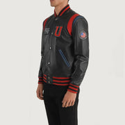 
Black Sheepskin Leather Varsity Jacket - Back View Showing Tailored Shoulder Fit & Clean Hemline
