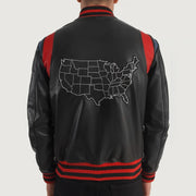 
Liberte USA Black Leather Varsity Jacket - Lateral Side Profile View Showing Sleeve Cut & Athletic Taper Fit