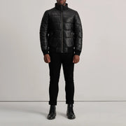 
Lucas Blue Leather Puffer Bomber Jacket - Lateral Side Profile View Showing Sleeve Cut & Athletic Taper Fit