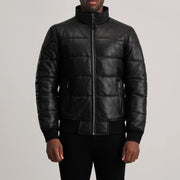 
Close-Up Detail of High neck & Zipper Hardware on Lucas Blue Leather Puffer Bomber Jacket