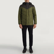 
Luka Black & Green Hooded Puffer Jacket - Lateral Side Profile View Showing Sleeve Cut & Athletic Taper Fit