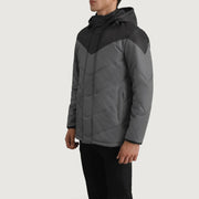 
Black & Grey Full-Grain Leather Hooded Jacket - Back View Showing Tailored Shoulder Fit & Clean Hemline